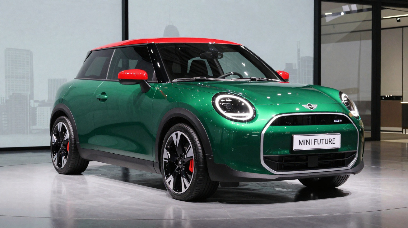 Carro Mini elétrico verde com tejadilho vermelho exposto num salão automóvel moderno.