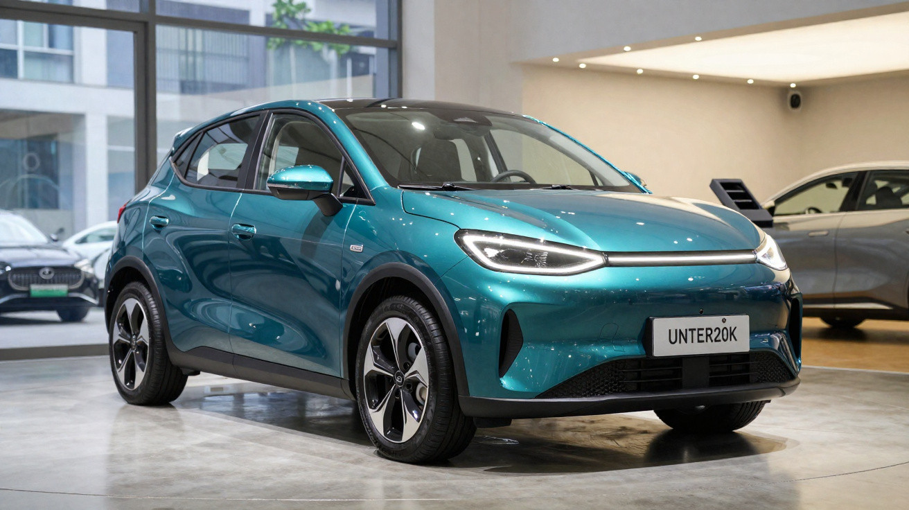 Carro eléctrico azul metálico estacionado num showroom moderno com janelas largas e iluminação interior.