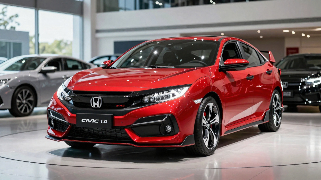 Carro Honda Civic 1.0 vermelho exposto em salão automóvel moderno e iluminado.