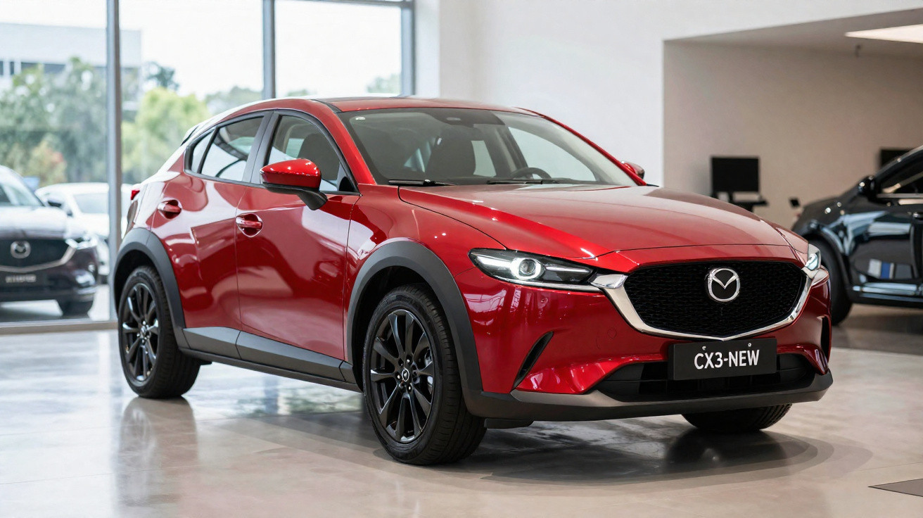 Carro Mazda CX-3 vermelho estacionado em showroom moderno com jantes negras.