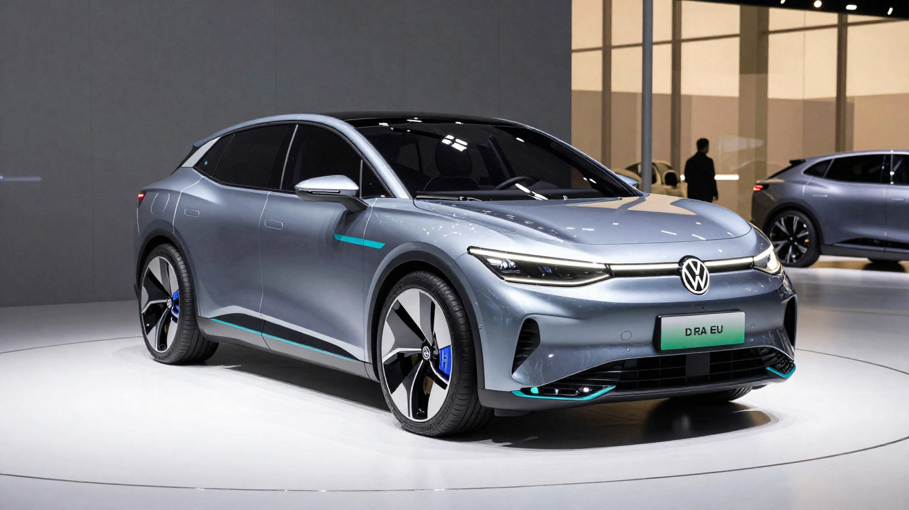 Carro elétrico cinzento Volkswagen em exposição, com design moderno e rodas aerodinâmicas.