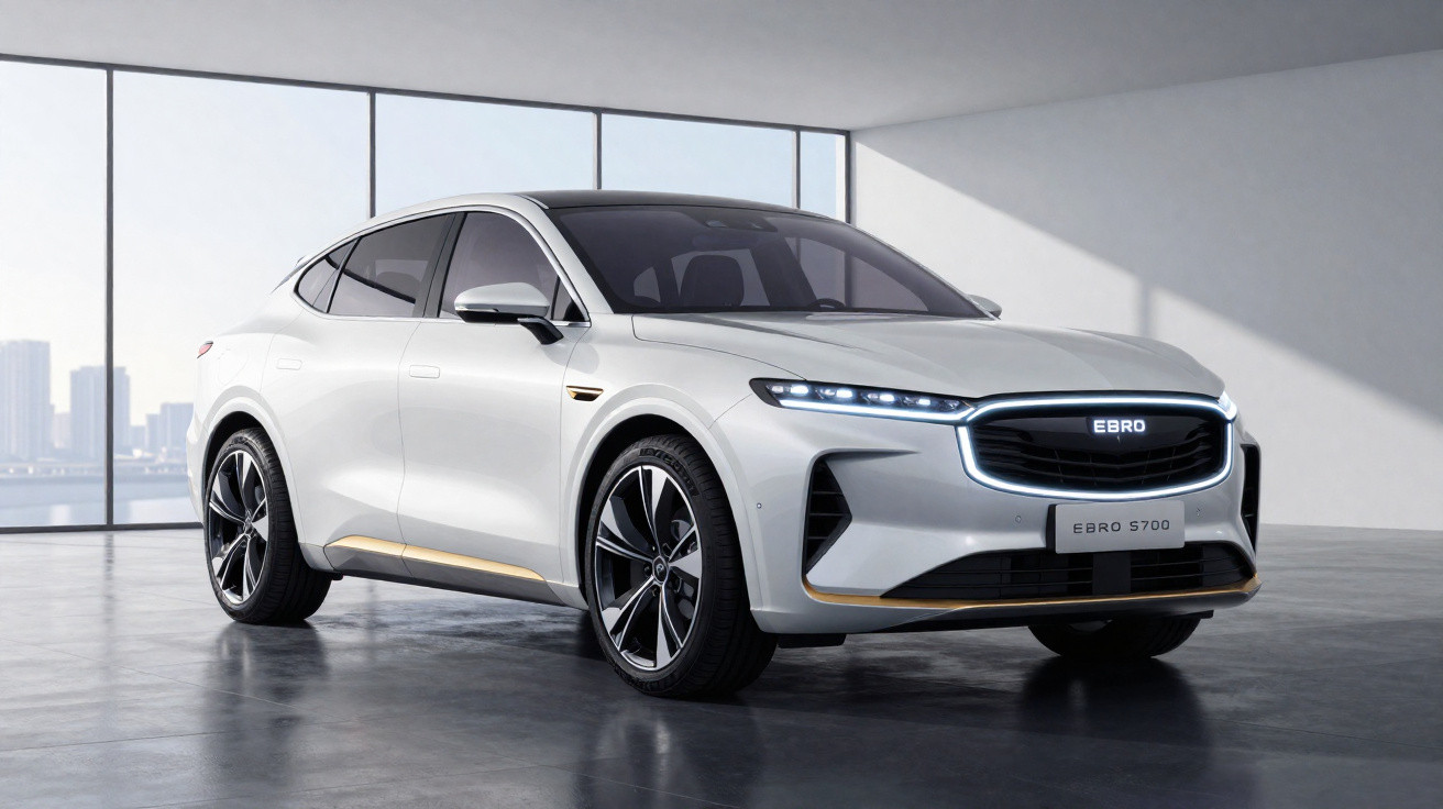 Carro elétrico branco EBRO S700 estacionado em garagem moderna com grandes janelas e chão cinzento.