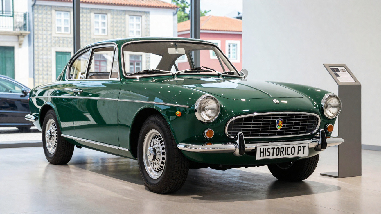 Carro clássico verde de duas portas em exposição num museu automóvel com placa 'HISTORICO PT'.