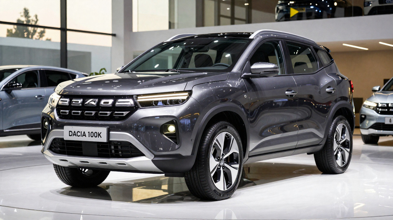 Carro SUV cinzento Dacia 100K exibido em salão automóvel com iluminação interior moderna.