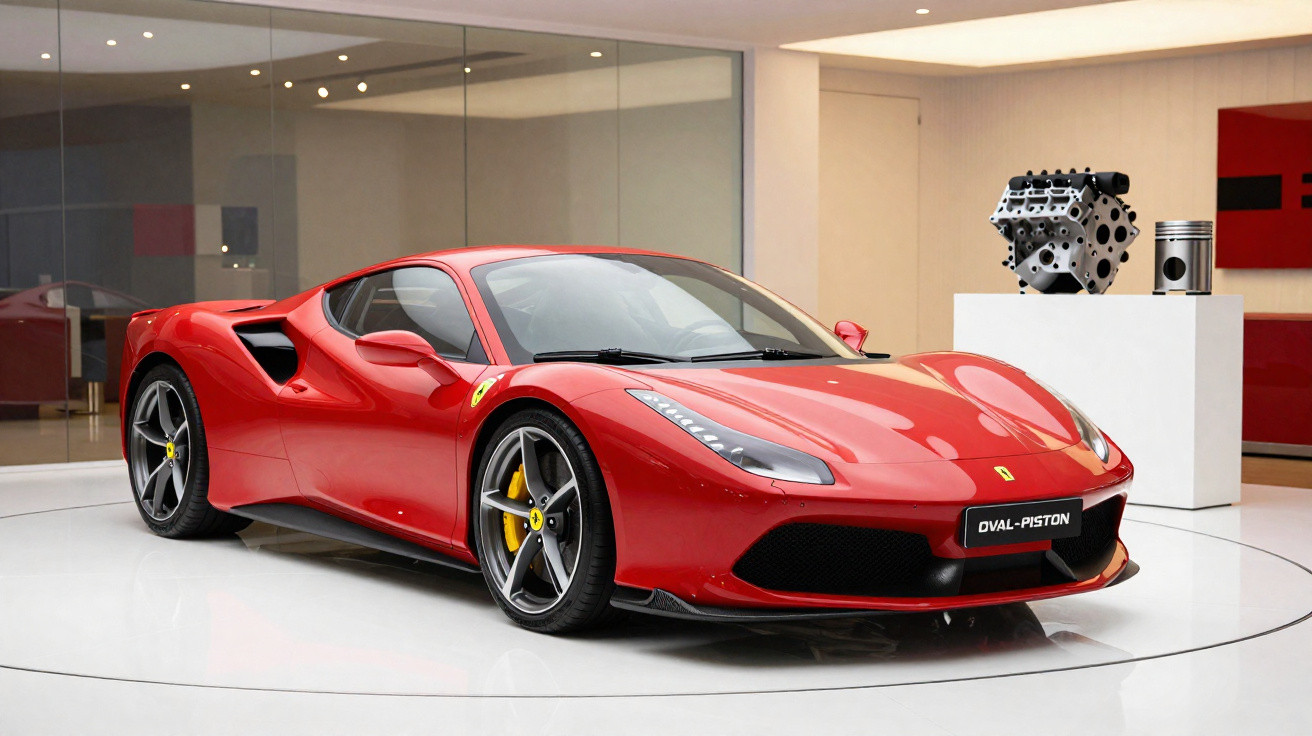 Carro desportivo Ferrari vermelho elegante exposto numa sala moderna com motor em suporte branco ao fundo.