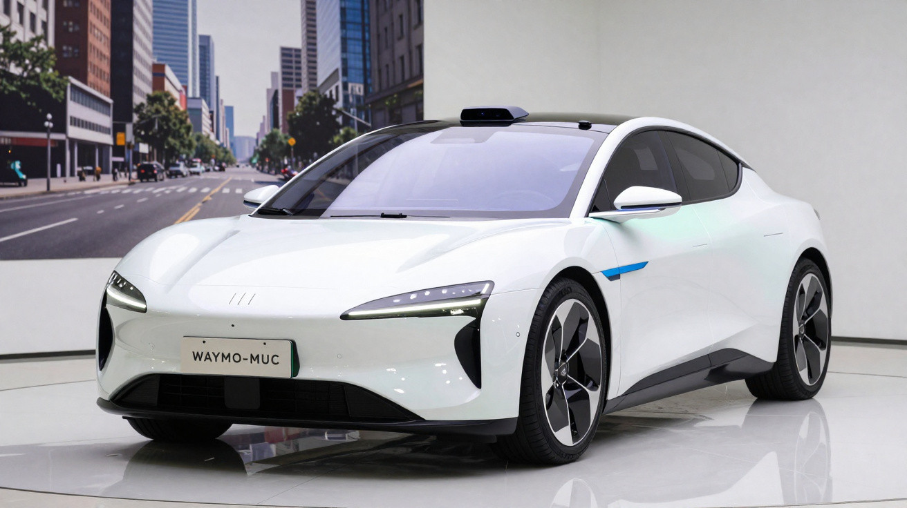 Carro elétrico autónomo branco da Waymo exibido em ambiente interior moderno.