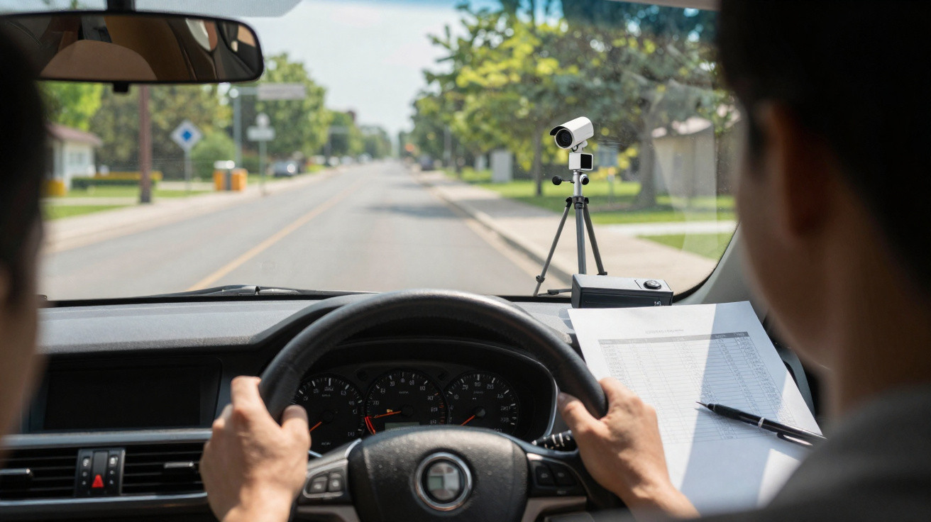 Interior de carro com pessoa a conduzir e analisando dados registados por radar na estrada.