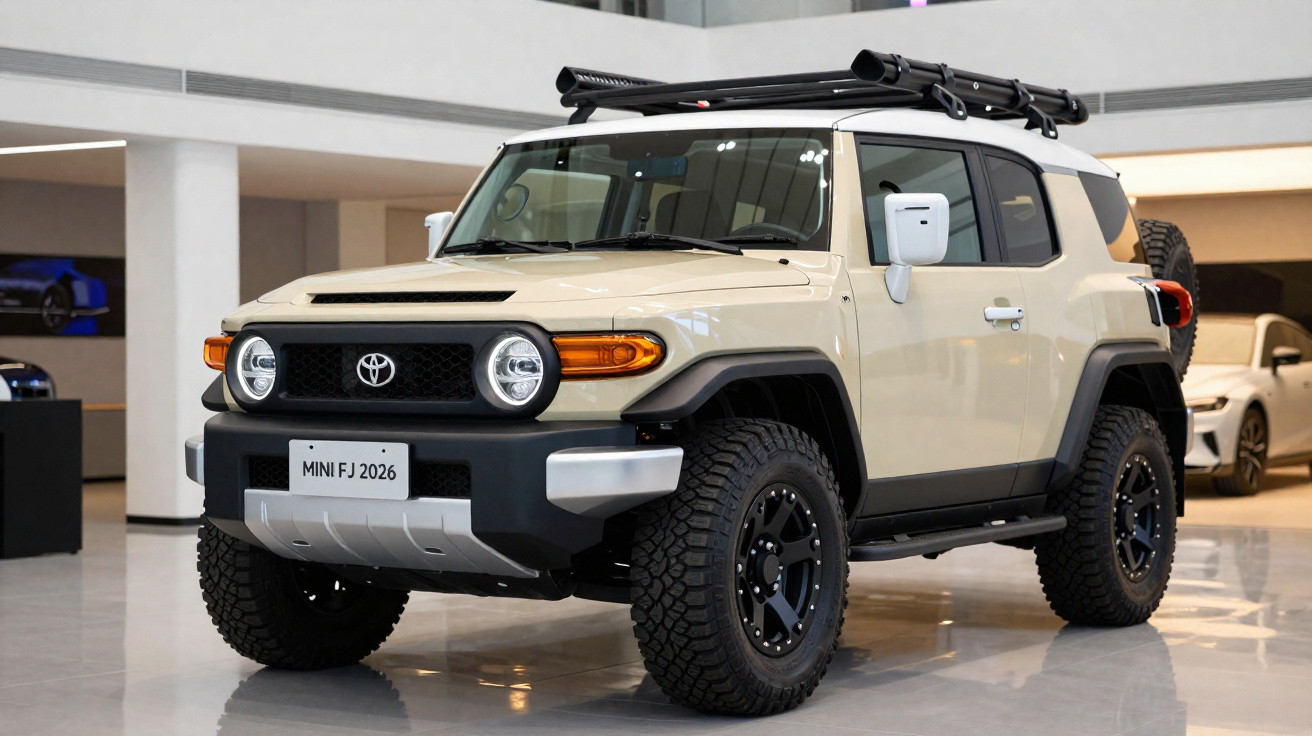 Carro 4x4 Toyota Mini FJ 2026 bege com pneus grandes e bagageira superior num showroom moderno.