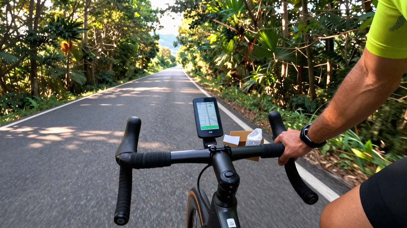 Pessoa a pedalar numa estrada rodeada por árvores, vista em primeira pessoa pelo guiador da bicicleta.