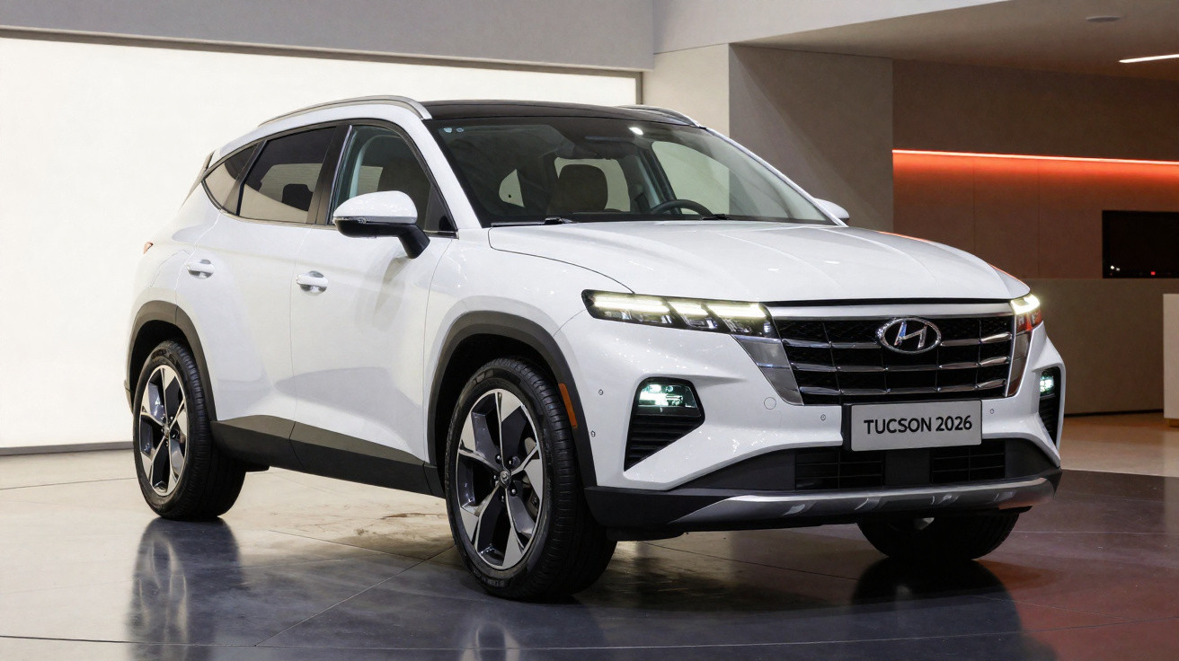 SUV Hyundai Tucson 2026 branco estacionado em ambiente interior com luzes acesas.