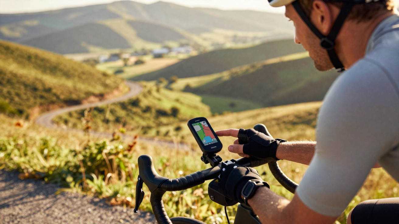 Ciclista a consultar dispositivo GPS montado na bicicleta, com paisagem rural e montanhosa ao fundo.
