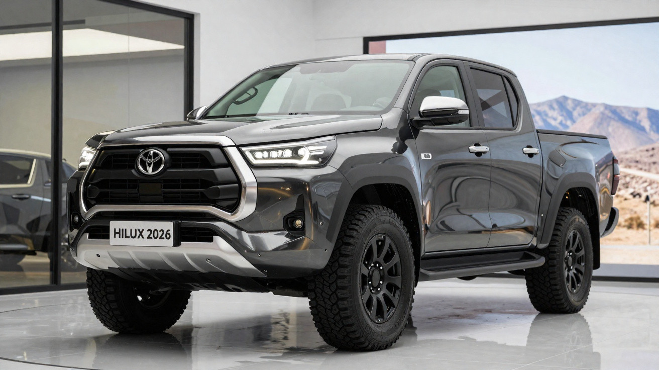Toyota Hilux 2026 cinza escuro estacionada em interior com janelas e vista para montanhas.
