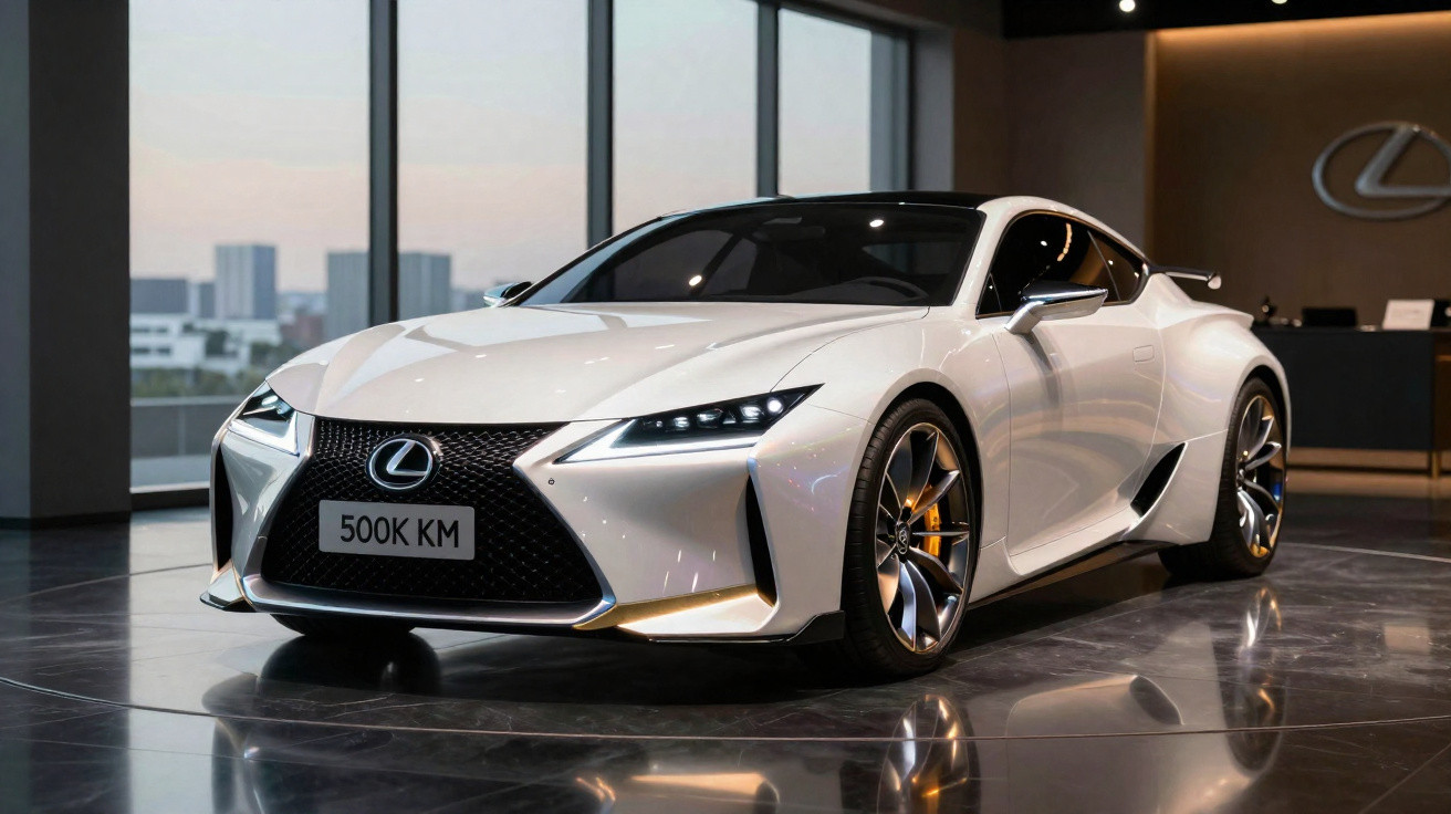 Carro desportivo branco Lexus estacionado interior com luzes LED dianteiras e jantes prateadas.