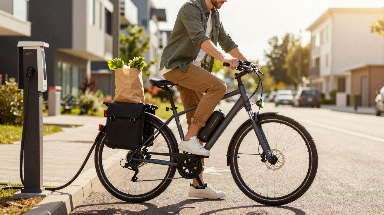 Homem numa bicicleta elétrica a ser carregada, com saco de compras na alforje, em rua urbana ao fim da tarde.