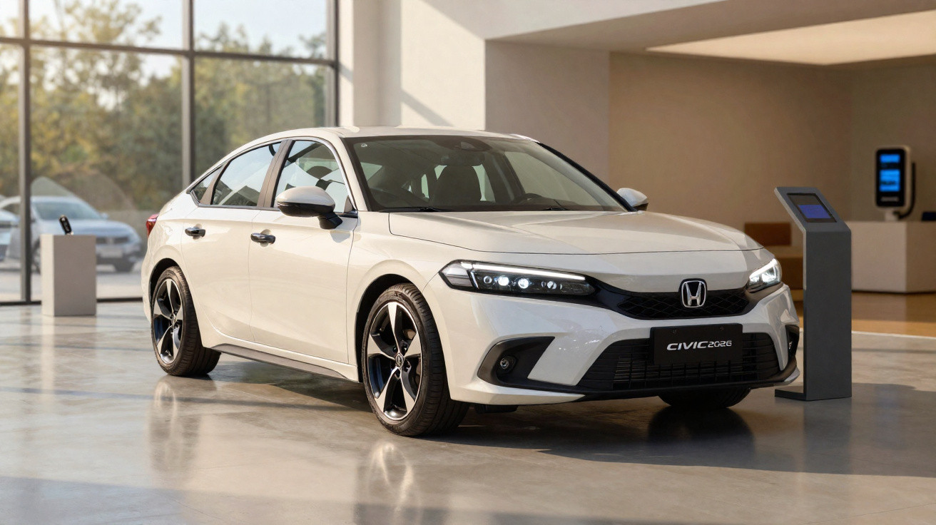 Carro branco Honda Civic 2023 com faróis LED ligado numa sala de exposição moderna e minimalista.