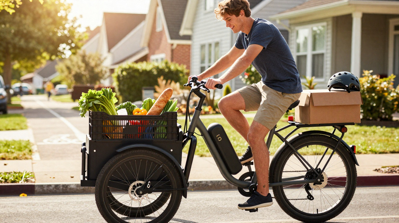 Homem jovem a pedalar bicicleta elétrica com carga de legumes e caixas numa zona residencial soalheira.
