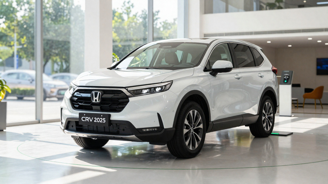 Honda CR-V 2025 branco exibido numa sala moderna com janelas amplas e piso brilhante.