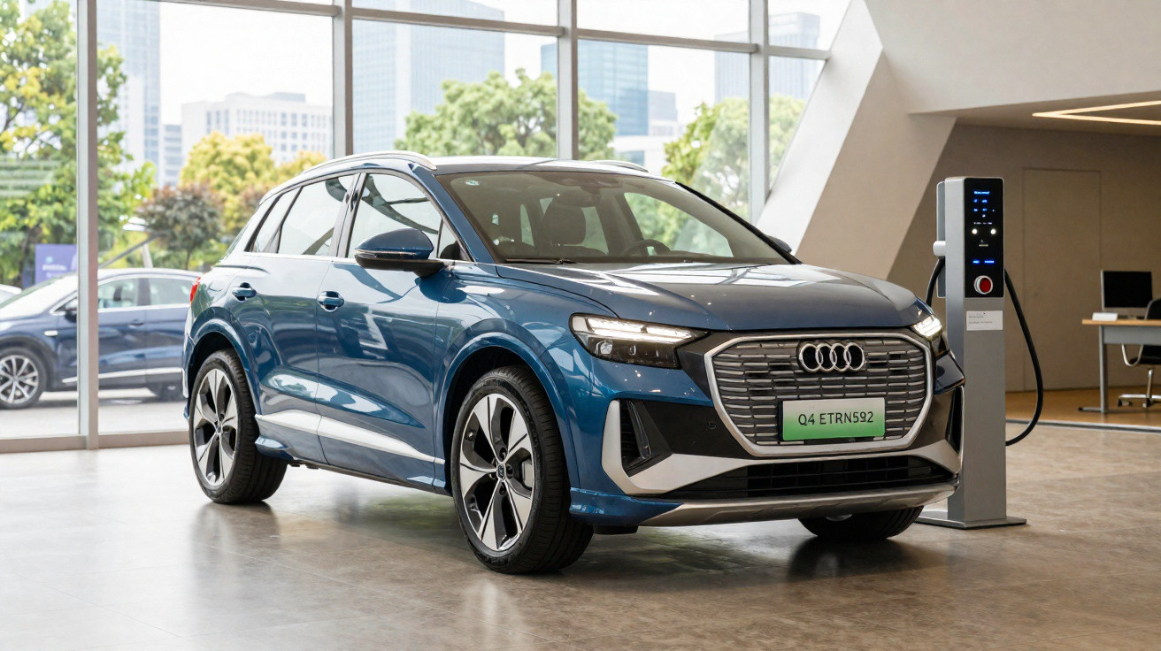 Carro elétrico Audi Q4 azul carregando numa estação de carregamento interior junto a janelas panorâmicas.