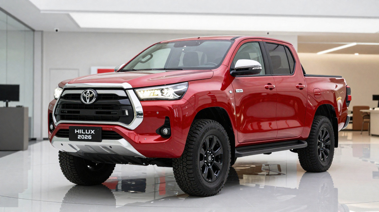 Pick-up Toyota Hilux 2026 vermelha, quatro portas, em ambiente interior moderno e iluminado.