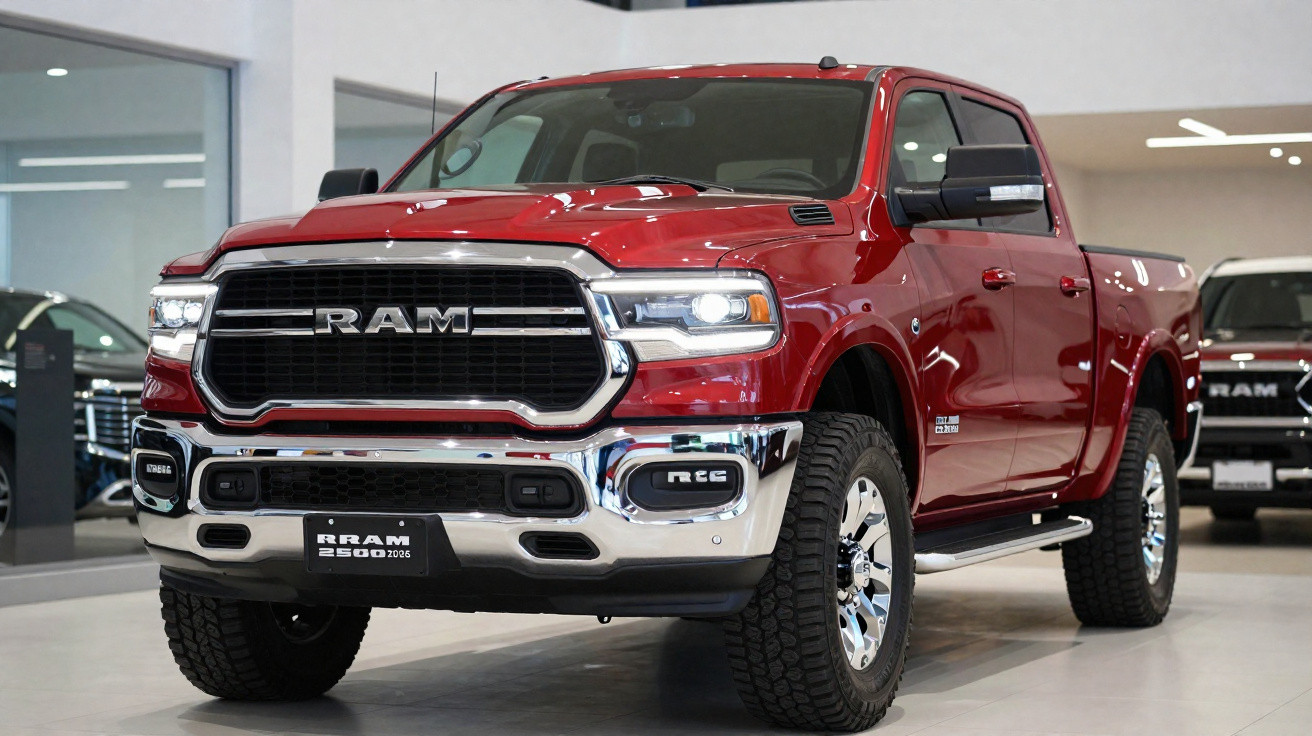 Pick-up vermelha RAM 2500 2026 estacionada em salão de automóveis moderno.