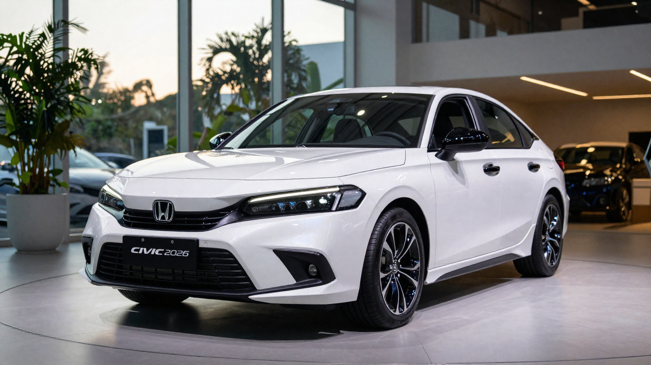 Carro branco Honda Civic 2026 estacionado dentro de uma sala com plantas e janelas grandes.