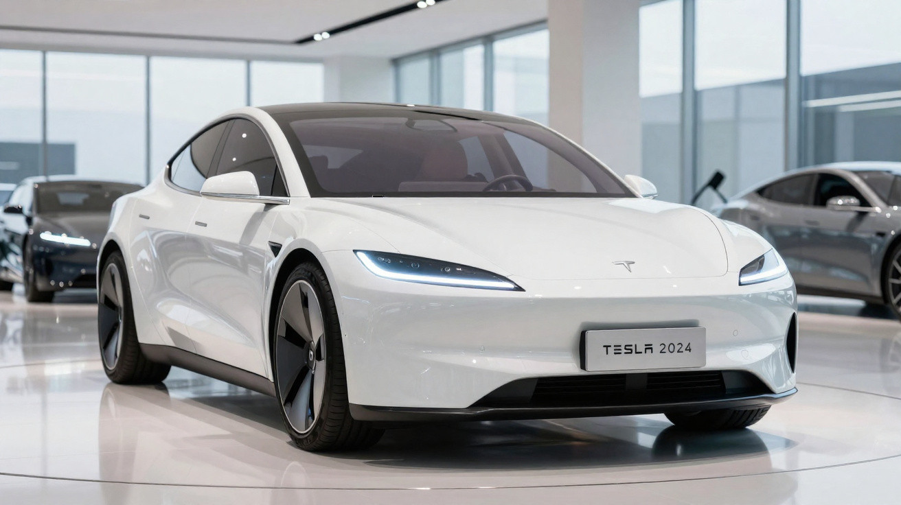 Carro elétrico Tesla branco modelo 2024 em exposição numa sala moderna e luminosa.