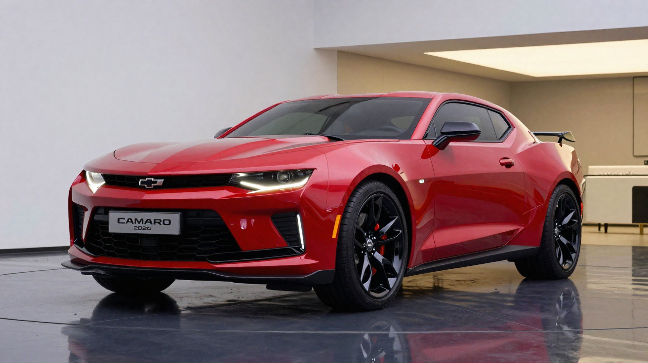 Carro desportivo Chevrolet Camaro vermelho, modelo 2020, em espaço interior com chão refletor.
