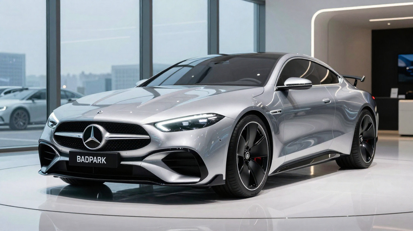 Carro desportivo Mercedes-Benz prata brilhante, elegante e moderno, em ambiente interior com grandes janelas.
