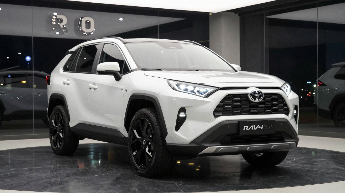SUV Toyota RAV4 2026 branco apresentado numa exposição moderna com piso escuro e paredes de vidro.