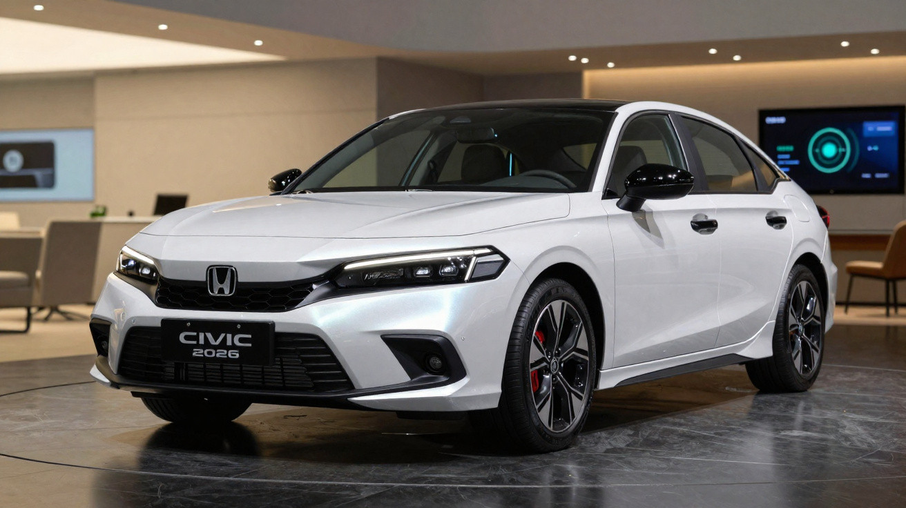 Carro branco Honda Civic 2026 estacionado em interior moderno com cadeiras e ecrãs ao fundo.