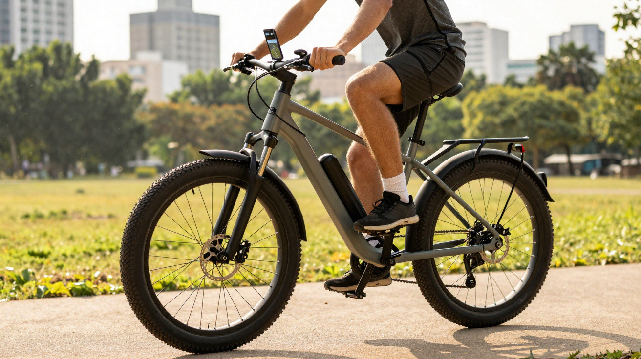 Pessoa a pedalar uma bicicleta elétrica num parque urbano em dia ensolarado.