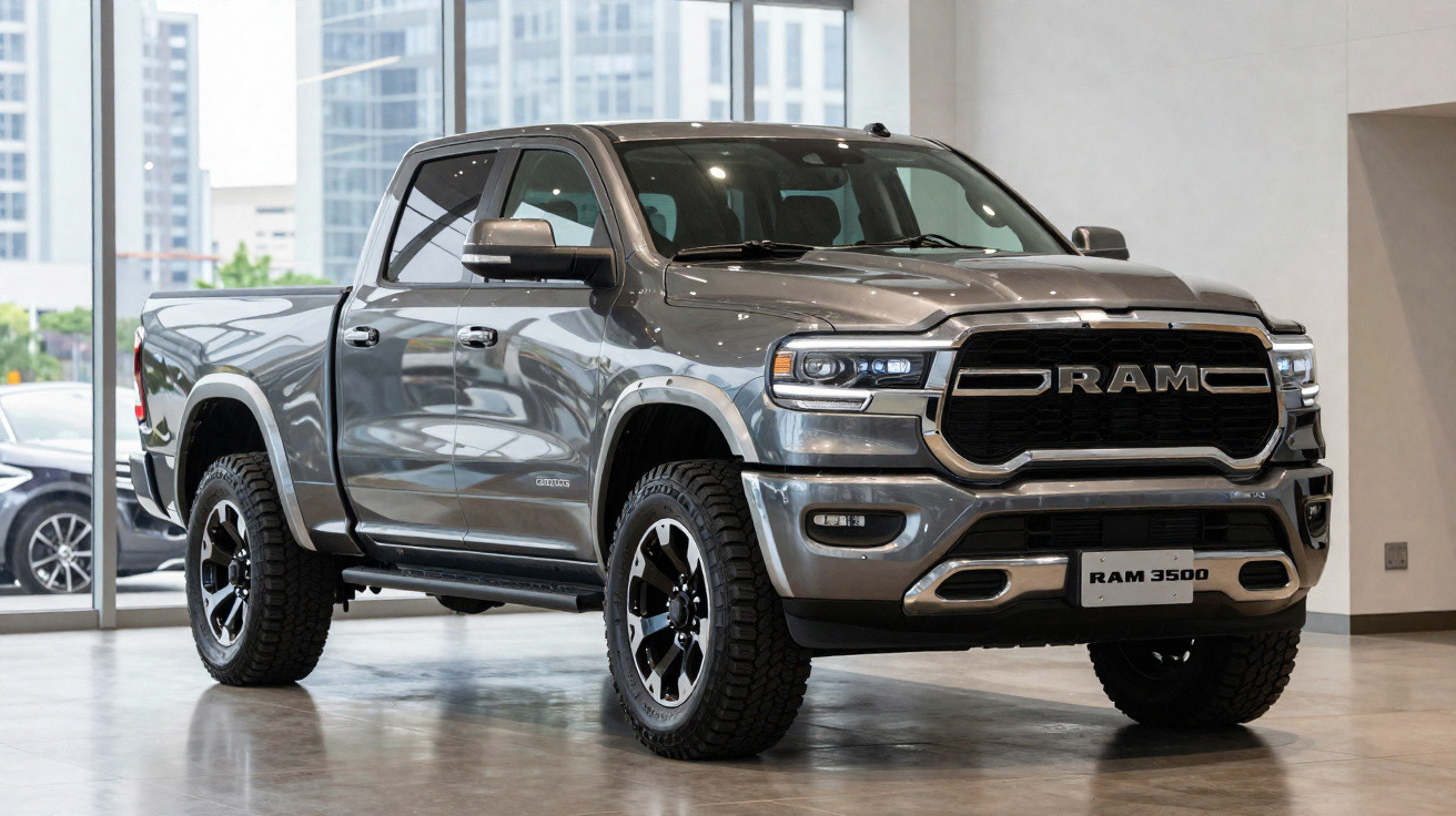 Picape cinzenta Ram 3500 estacionada em interior de showroom moderno com janelas amplas.