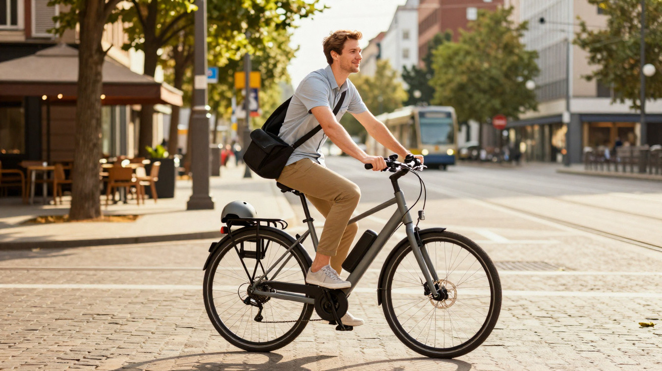 Homem jovem de camisa azul e calças castanhas anda de bicicleta elétrica numa rua urbana ensolarada.