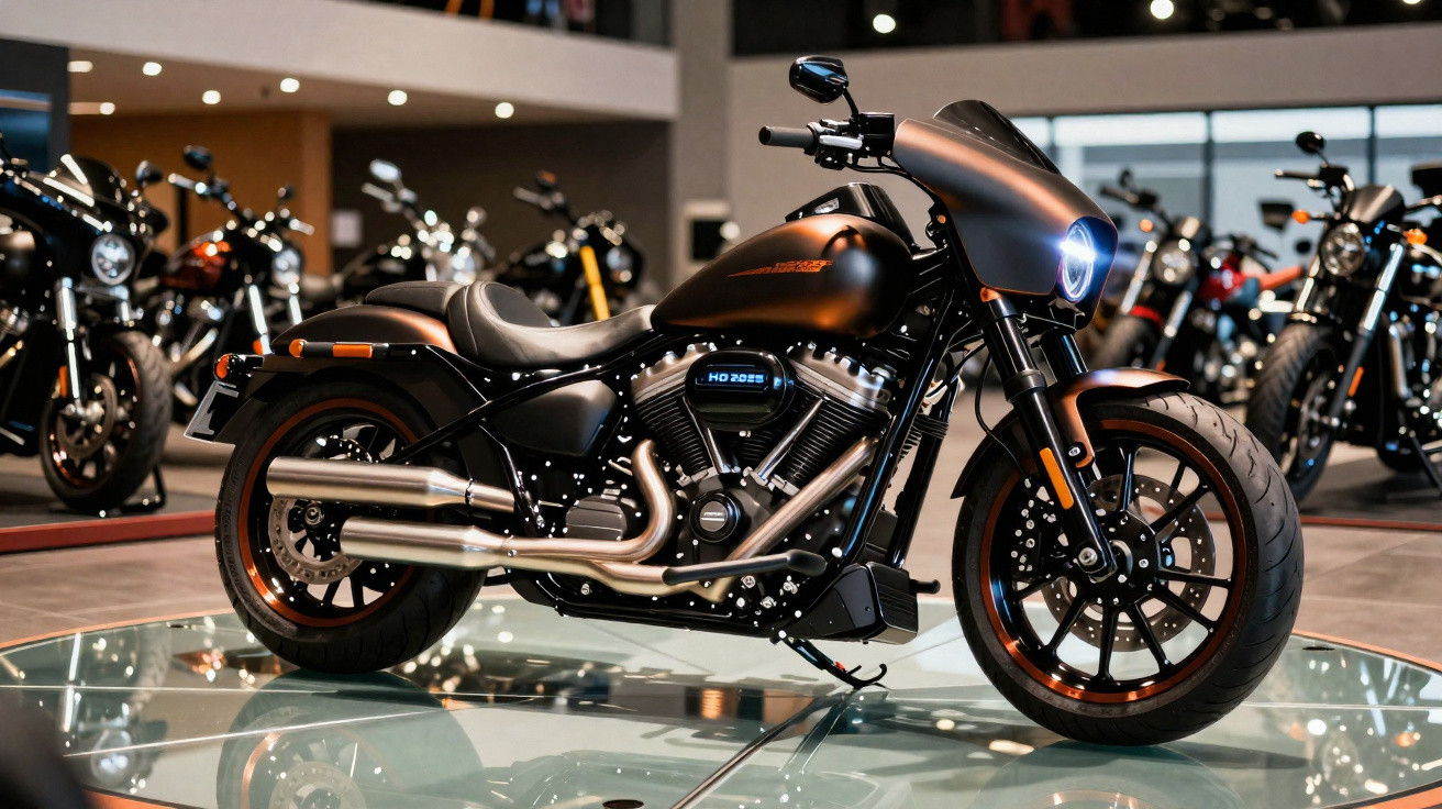 Motociclo Harley-Davidson preto com farol aceso exposto numa loja com outras motos ao fundo.