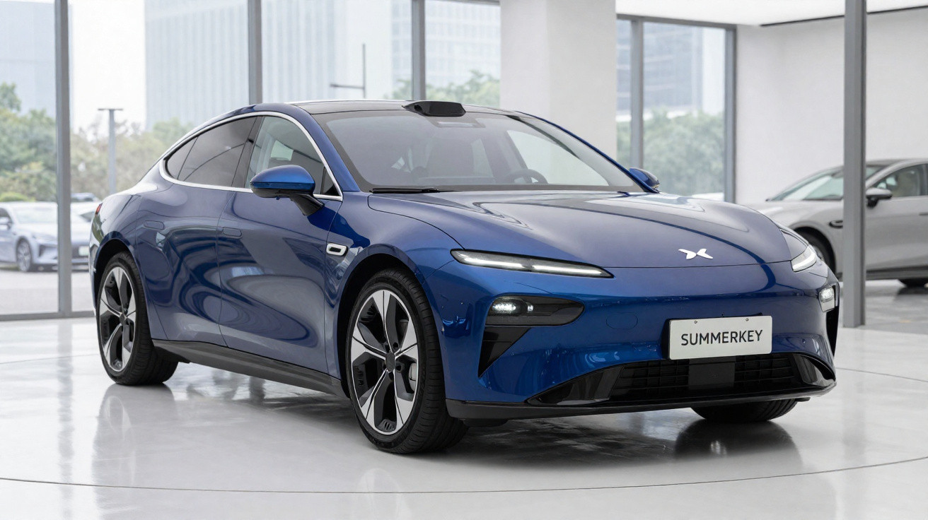 Carro elétrico azul moderno estacionado em showroom com janelas grandes e outro carro ao fundo.
