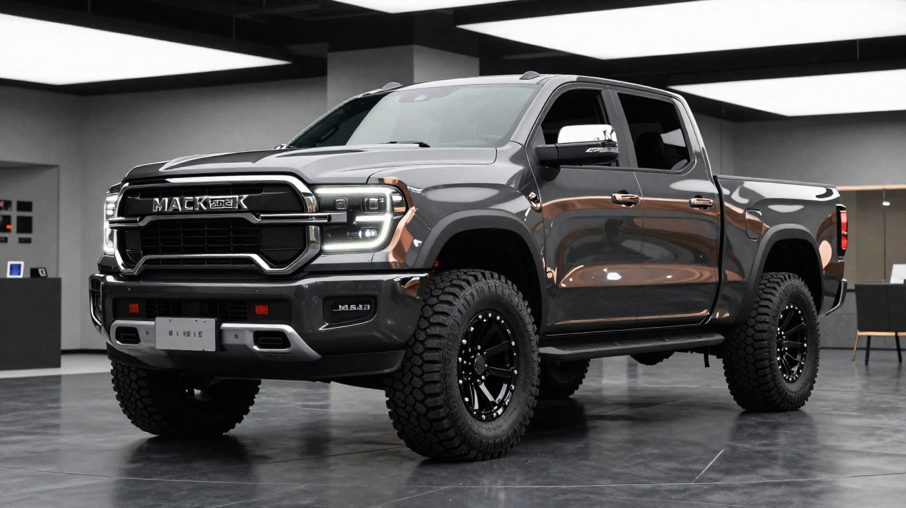 Pick-up Mack R1 4x4 cinzenta com pneus off-road, estacionada num interior moderno.