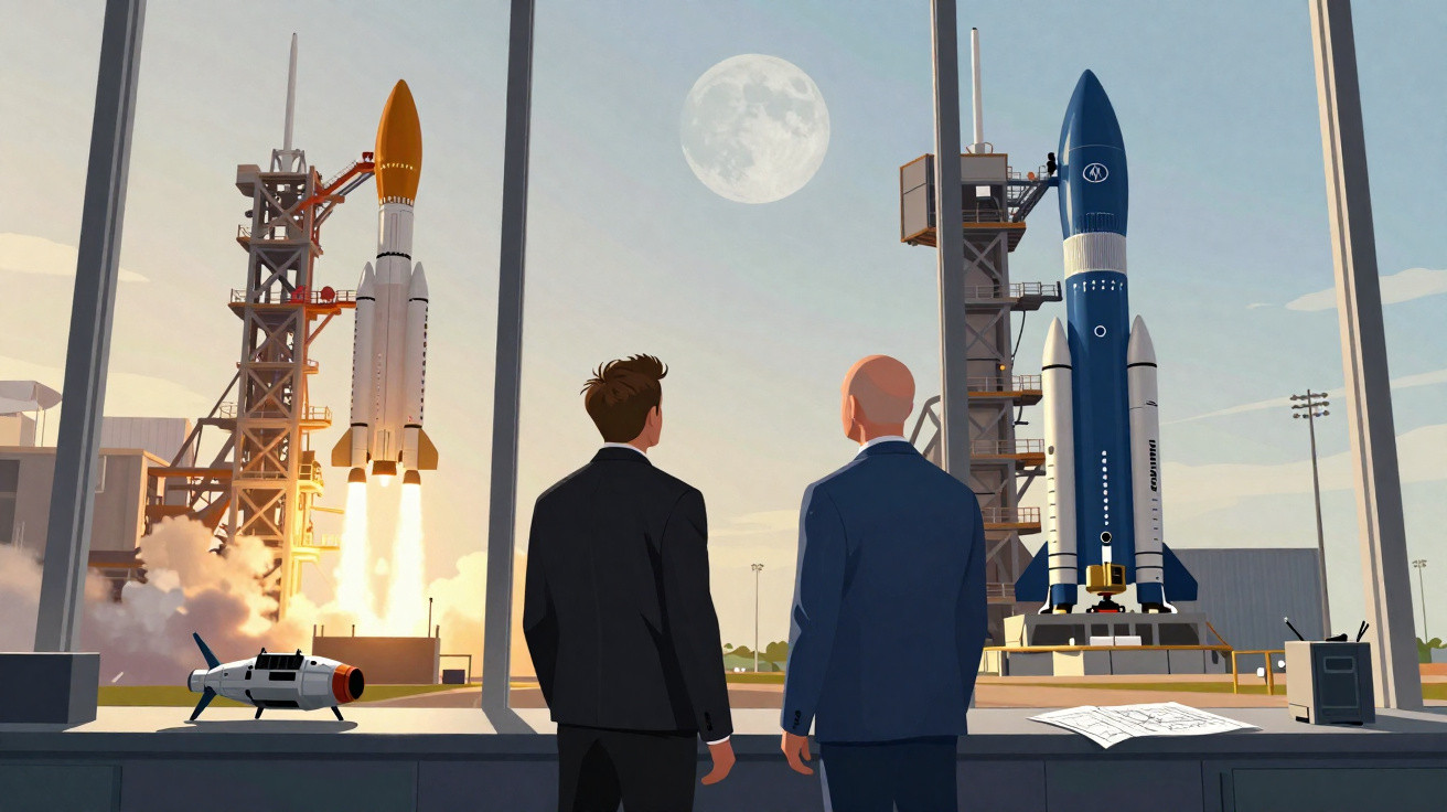 Dois homens de fato observam lançamento de foguetão ao nascer da lua numa base espacial.