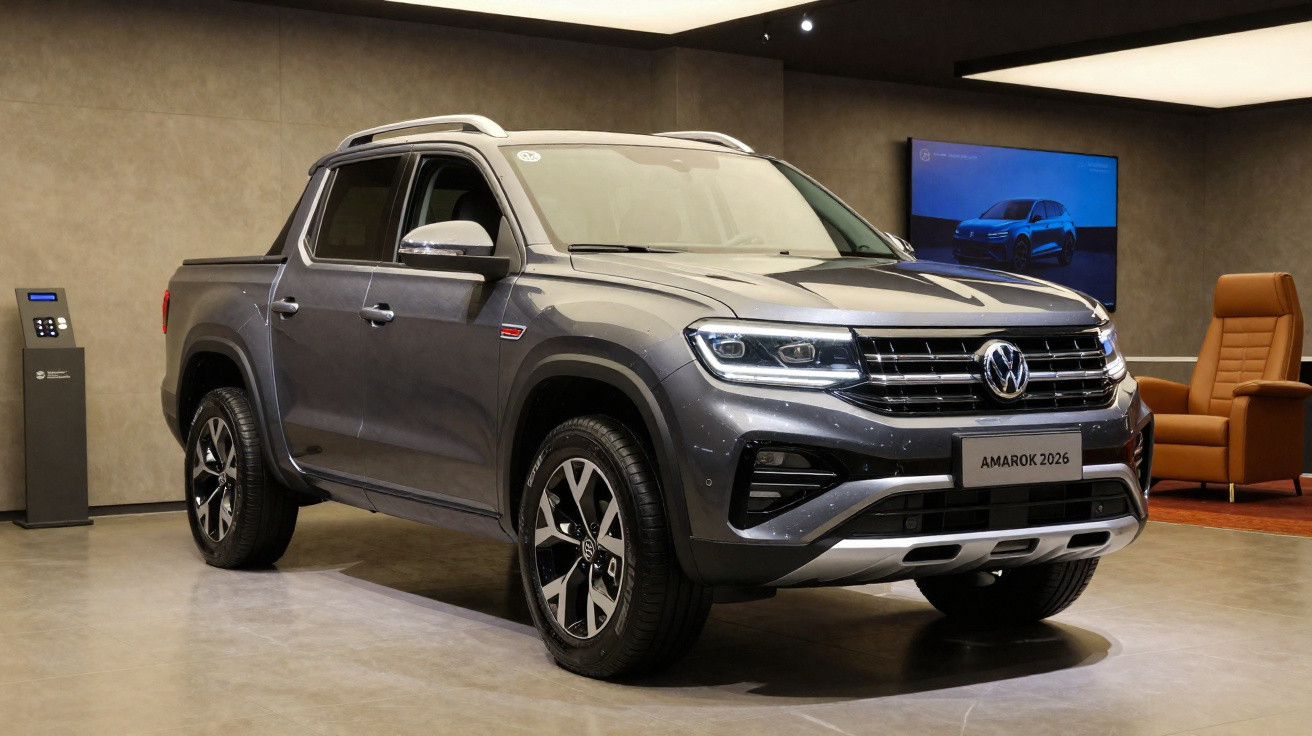 Pick-up Volkswagen Amarok 2026 cinzenta exposta em interior moderno com cadeiras e ecrã ao fundo.
