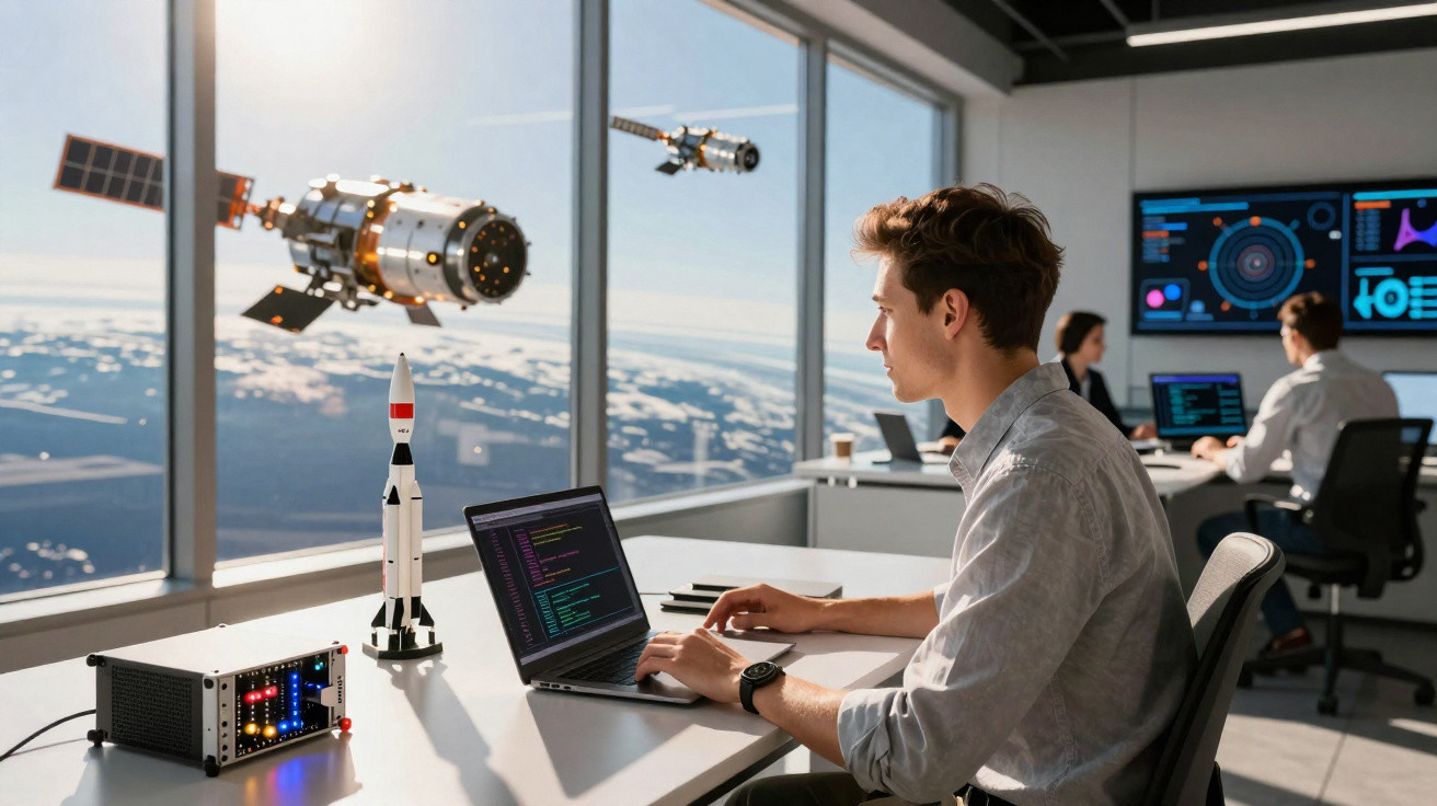 Jovem a trabalhar num computador numa sala com vista para satélites e modelos de foguetes no espaço.