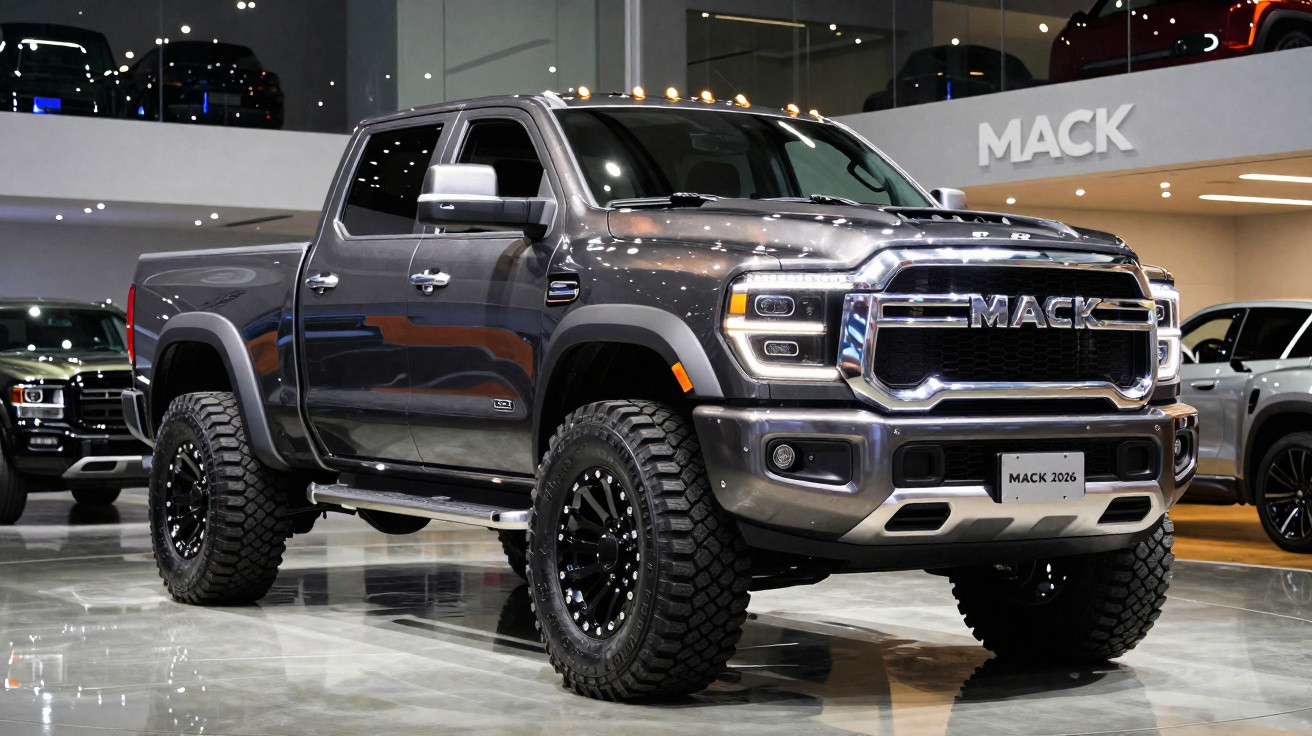Pickup cinzenta robusta da Mack modelo 2026 exposta em salão automóvel moderno.