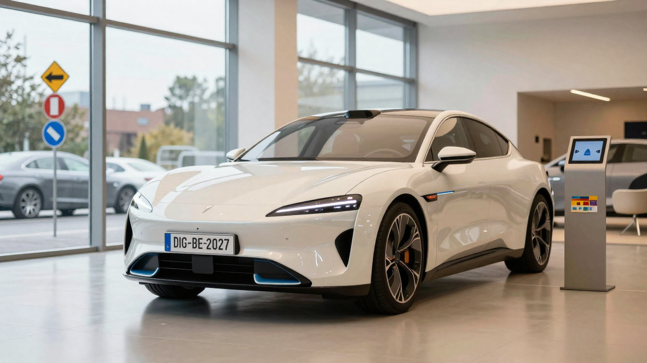 Carro elétrico de luxo branco estacionado dentro de sala de exposição moderna com signais de trânsito ao fundo.