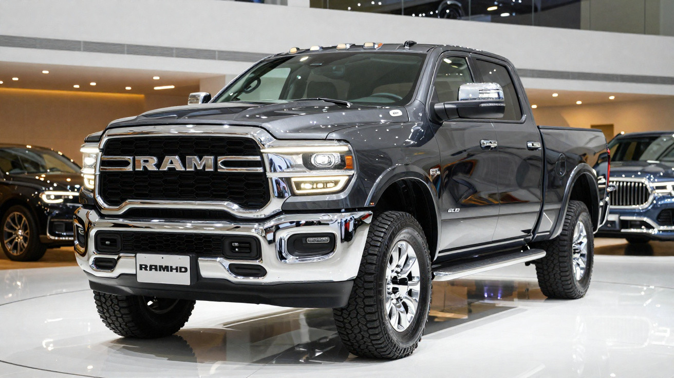 Pick-up RAM HD preta com grelha cromada exibida em salão automóvel, luzes LED acesas, com outros carros ao fundo.