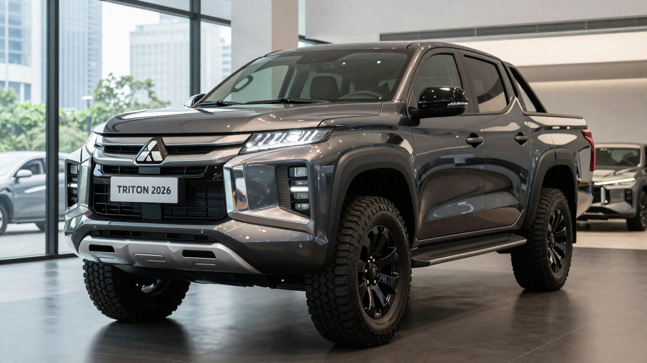 Picape Mitsubishi Triton 2026 cinzenta exposta num showroom moderno.
