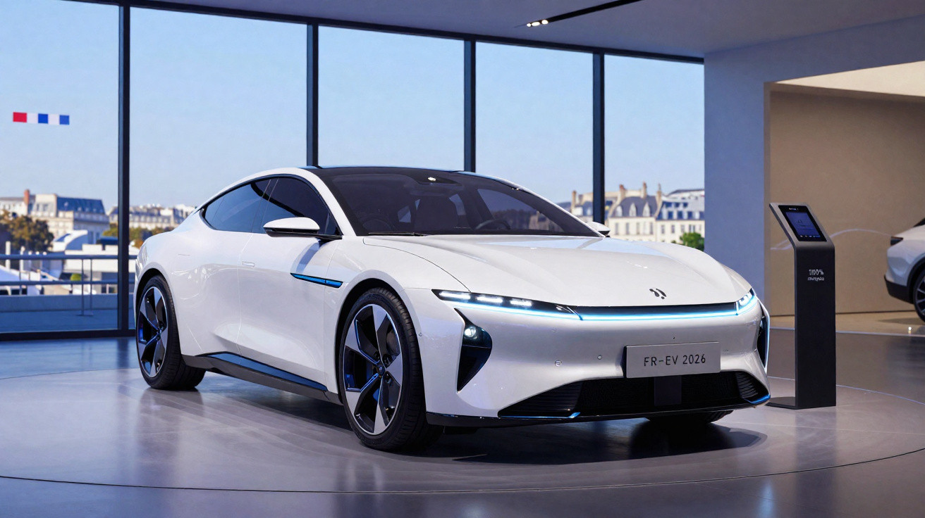 Carro elétrico branco FR-EV 2026 exposto em showroom com janelas amplas e vista urbana ao fundo.