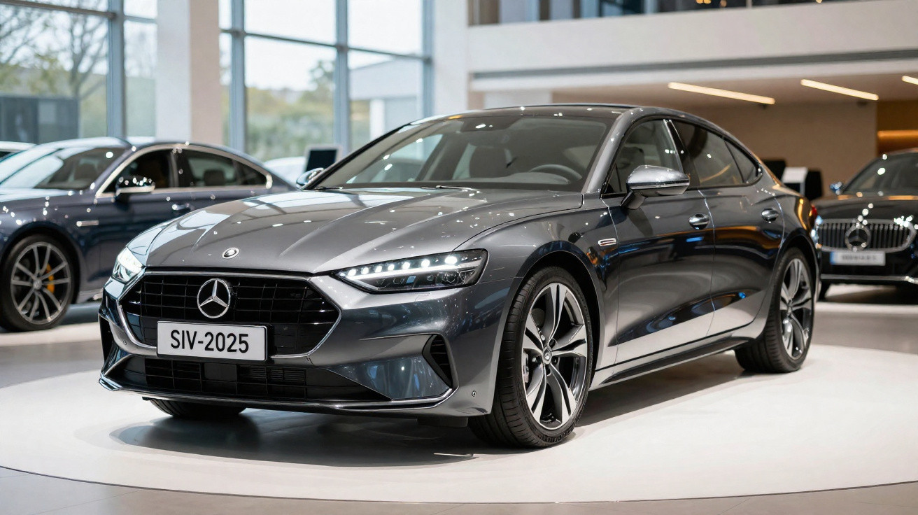 Carro elétrico Mercedes-Benz cinzento escuro exposto em salão automóvel moderno e iluminado.