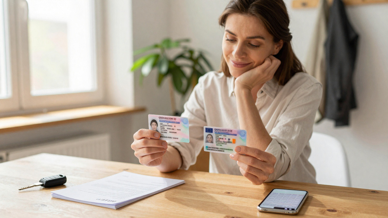 Mulher sentada à mesa a comparar duas cartas de identificação com documentos e telemóvel à frente.