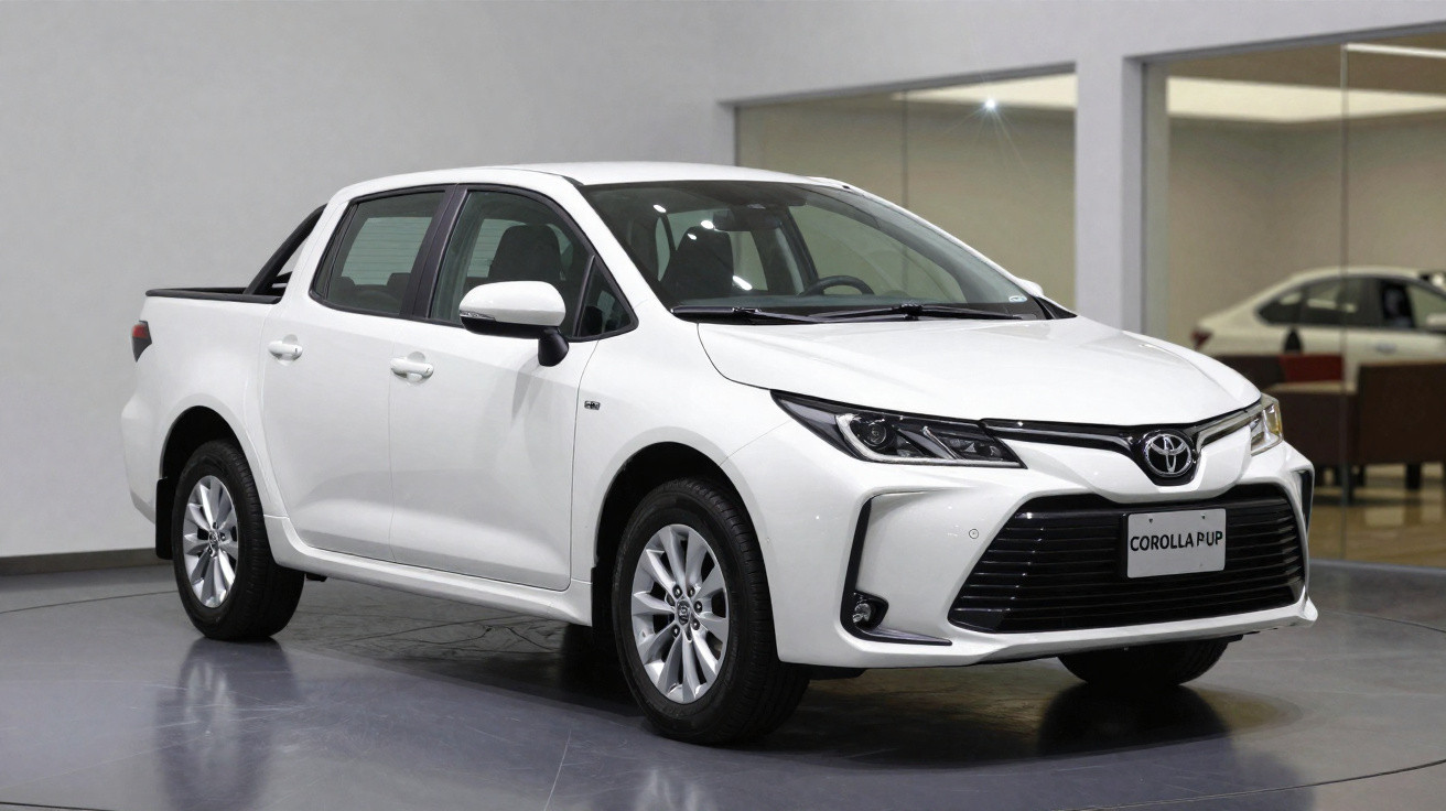 Pick-up Toyota Corolla branca estacionada em espaço interior com chão cinza e paredes claras.