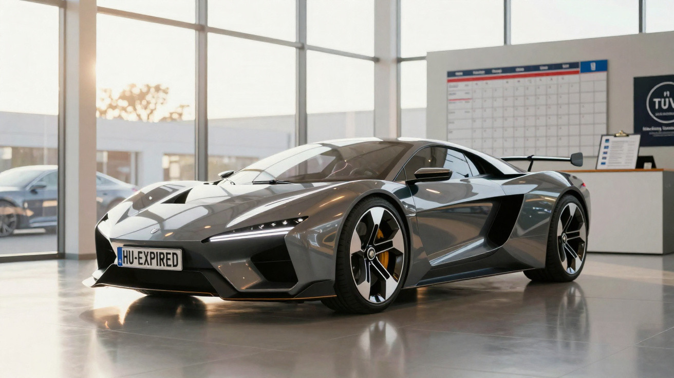 Carro desportivo cinza com design aerodinâmico estacionado dentro de showroom com iluminação natural.
