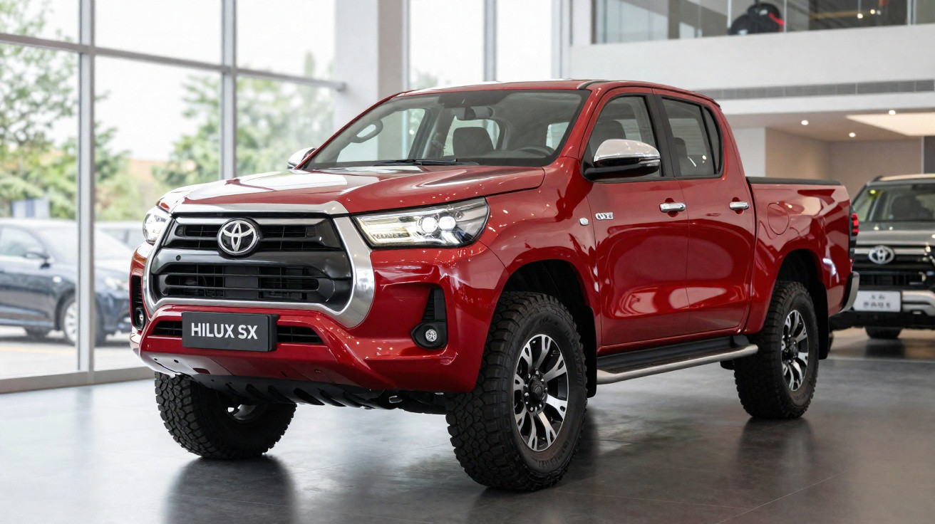 Picape Toyota Hilux SX vermelha estacionada dentro de uma concessionária moderna.