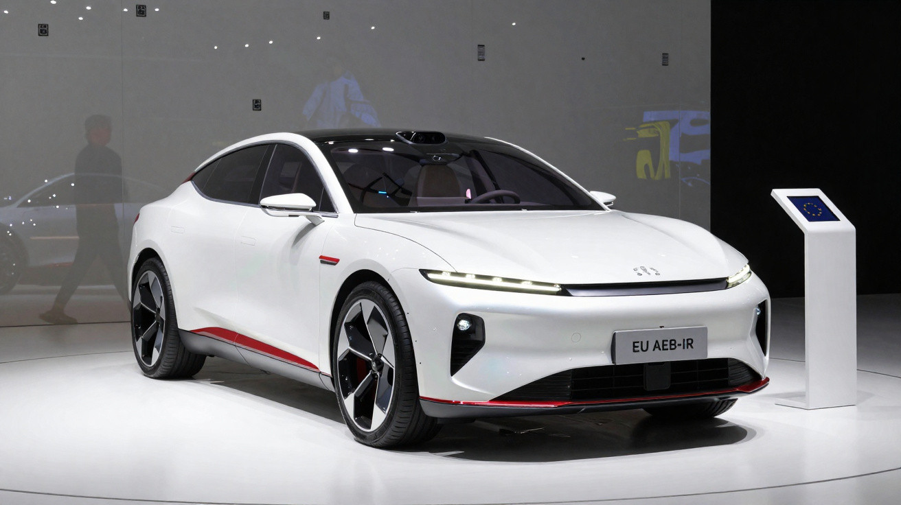 Carro elétrico branco de design futurista exposto em stand minimalista com placa frontal EU AEB-IR.